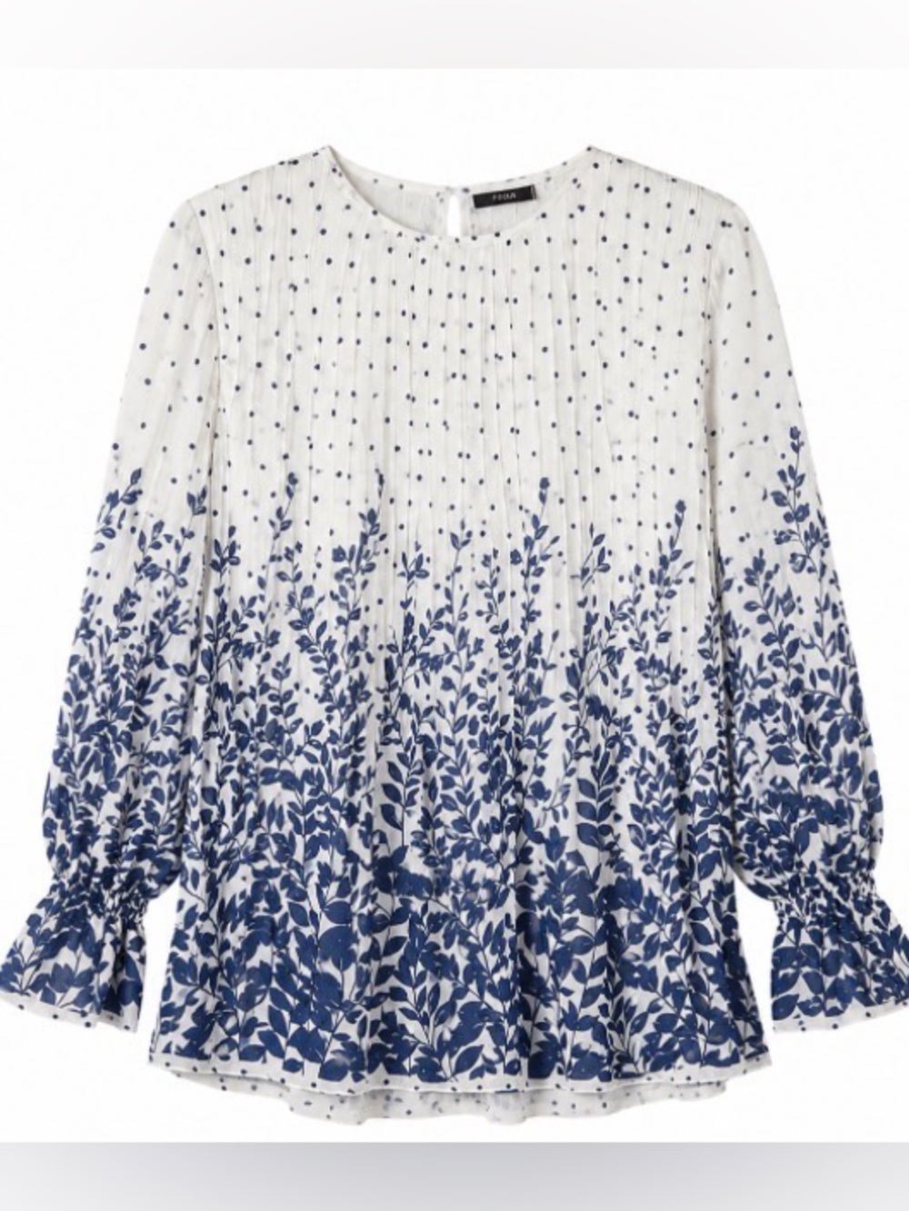 Focus White and Navy Botanical Pintuck Blouse - Size M / L